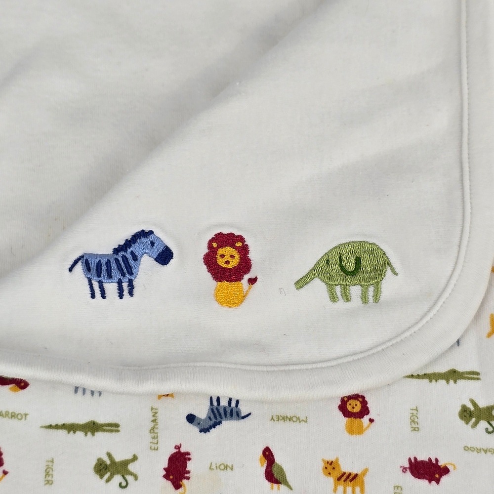 Vintage Gymboree 1999 Baby Blanket White Zoo Animals Lion Zebra Elephant Monkey